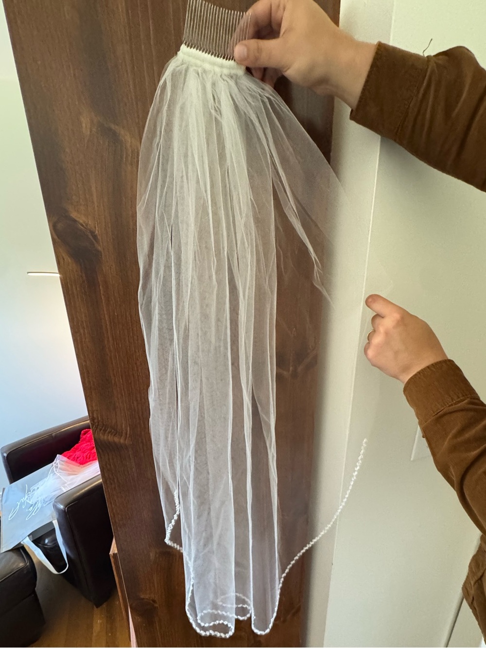 White Bridal Veil with Pearl Trim